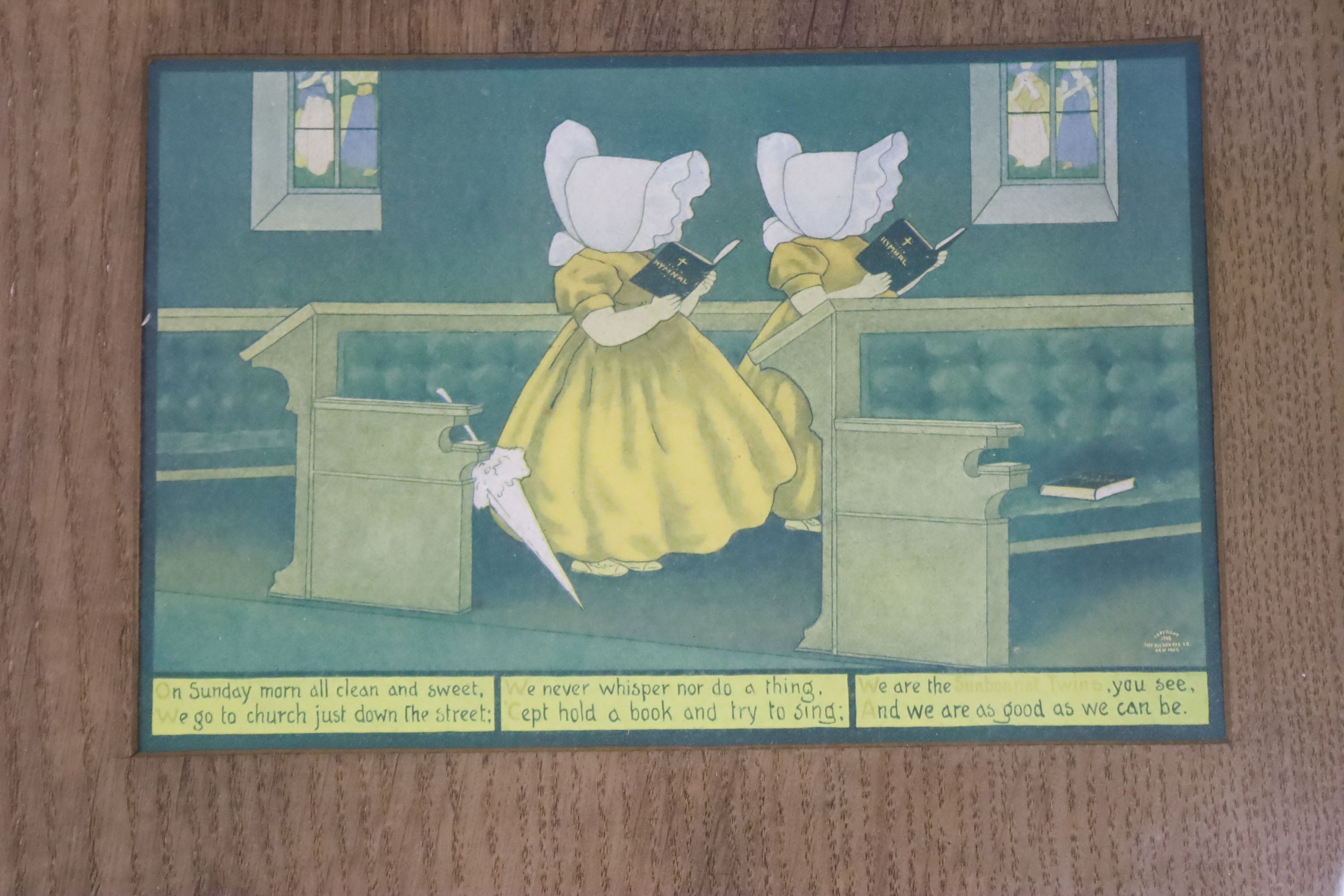 A set of seven sunbonnet twins oak framed 'days of the week' litho prints copyright 1905 by the Ullman mfg Co. New York